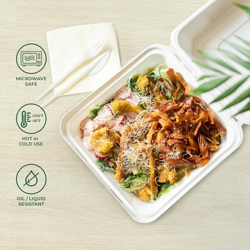 Freshware Compostable 9x9" Clamshell Take Out Food Containers [50-Pack] - Biodegradable Sugarcane To Go Boxes - Paper Food Container - Microwave & Freezer Safe, Stackable