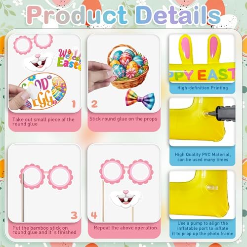 Happy Easter Inflatable Photo Frame & Props Set, 30Pcs Easter Photo Props with Giant Inflatable Picture Frame for Easterday Party Selfie Supplies