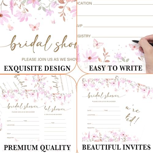 Pink Floral Bridal Shower Invitations, Spring Butterflies Invites with Envelopes, 4x6 Invite Card for Wedding Shower, Newlyweds, Party Favor & Decorations-A02