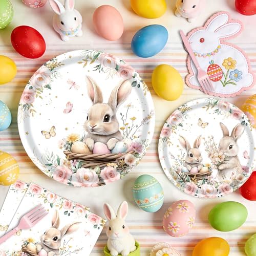 96 Pieces Easter Bunny Eggs Paper Plates and Napkins, Spring Floral Rabbit Disposable Tableware with Plates Napkins Forks for Spring Easter Party Supplies, Baby Shower Birthday Party Decor - Serves 24