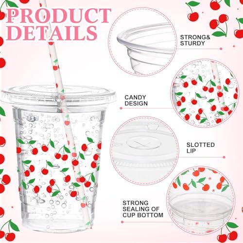 Funnymoom 50 Sets Cherry Disposable Plastic Cups Bulk with Lids Straws 16 oz Red Cherry Clear Plastic Cups Flower Cold Beverage Drinking Container for baby shower Birthday Daily Holiday Party Supplies