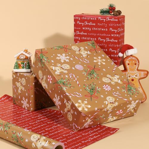LaRibbons Christmas Wrapping Paper, Double-Sided Gingerbread Cookie Design