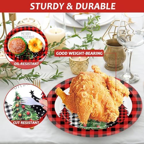 50Pcs Christmas Buffalo Plaid Tree Oval Plates 11 Inch Red and Black Checkered Party Supplies Merry Christmas Disposable Dinnerware Plates Xmas Serving Tray for Winter Holiday Party Decorations