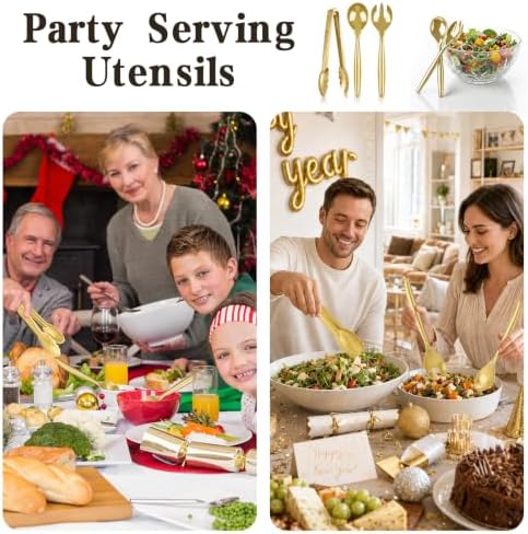 24 Pcs Disposable Gold Plastic Serving Utensils Set, Forks Spoons Tongs