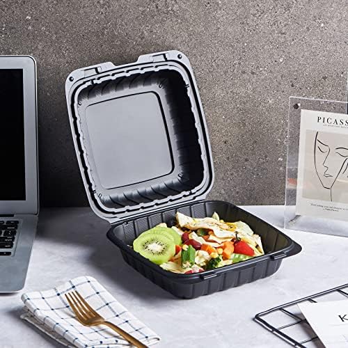 8X8" 1-Compartment 50-Pack Plastic Clamshell To Go Containers Food Carryout Lunch Box Packaging For Sandwich Salad Heavy Duty Disposable Restaurant Service Catering Meal Hinged With Secure Snap Lid
