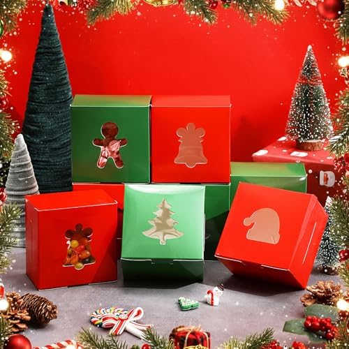 AmazingSpark 48 Pcs Christmas Cookie Boxes with Windows Red and Green Bakery Boxes Christmas Paper Treat Cases for Holiday Party Favor Pastries, Cupcakes, Cookies, Donuts, Small Gift Wrapping