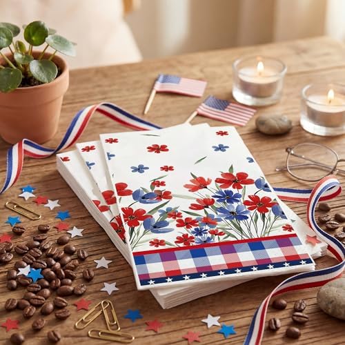 4th of July Disposable Paper Napkins, 200 Pcs Patriotic Napkins for Bathroom, 250th Anniversary Red White Blue Floral Buffalo Plaid Napkins for Independence Day Memorial Day Party Supplies