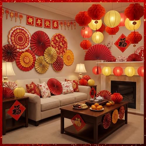 45 Pcs Chinese Lunar New Year Decorations, 2026 Year of the Horse Red Paper Fans Lanterns Lunar Horse Banner Fu Character Window Stickers Luck Hanging Ornaments Vietnamese Tet Party Supplies