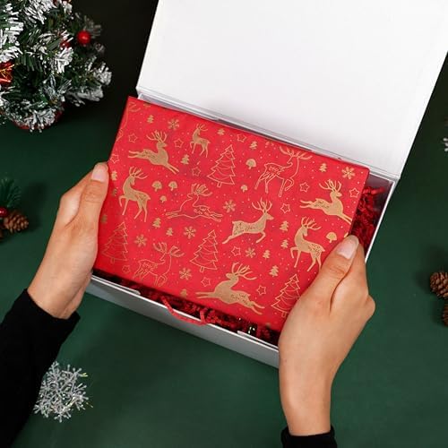 Bobobag 150 Sheets Christmas Tissue paper for Gift bags,20 x14“ Wrapping paper for Holiday decorations, 8 Festive Designs with Snowflakes, Reindeer & Gold Merry Christmas Motifs