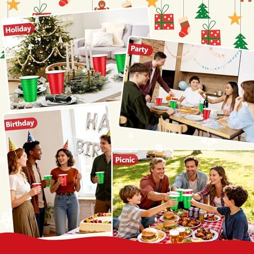 LANLISA 100Pcs Red and Green Plastic Cups, 16 oz Disposable Cups For Christmas Birthday Party Decorations