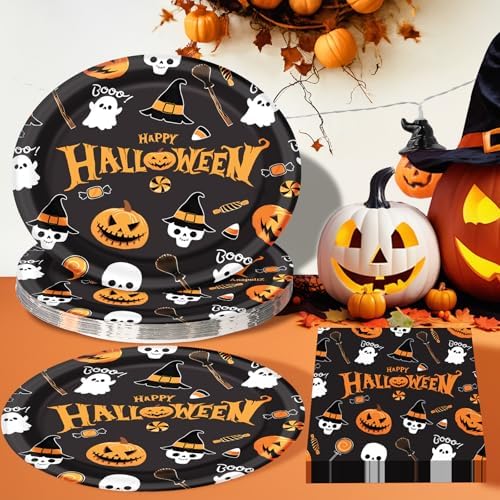 Dereinwo 50 Pcs Halloween Paper Plates and Napkins Set