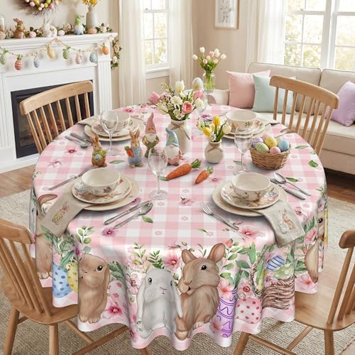 Easter Tablecloth 60 Inch Round, Easter Rabbits Decorations for Home Table Cloth, Pink Buffalo Plaid and Flowers Decor Tablecloths Polyester for Picnic Party Dinner
