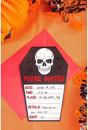 Juvale Halloween Invite Cards - 60 Pack 4.6 x 7 In Coffin Shape Black Retro - Fill-In Skull Design & Envelopes With RSVP - Party Invites & Horror Halloween Invitations