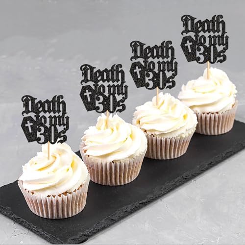 24Pcs Black Death to My 30s Cupcake Toppers Death to My Thirties Cupcake Picks for Gothic 40th Birthday Funeral 40th Birthday Anniversary Cupcake Decorations Rip to My Youth Emo Party Decorations