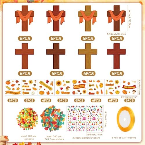 Funrous 48 Sets Fall Christian Kit Bulk Thanksgiving Cross Paper Crafts Religious Jesus Blessing Hanging Ornaments with Glitter Leaf Pompoms Stickers for Sunday School Classroom Activity Church