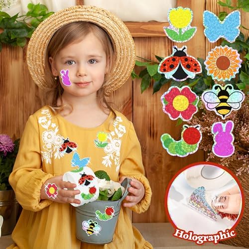 500Pcs Spring Stickers Roll Holographic Laser Flower Butterfly Bee Waterproof Self-Adhesive Decals Summer Garden Seasonal DIY Crafts Teacher Rewards Gifts for Water Bottles Scrapbooking Decoration