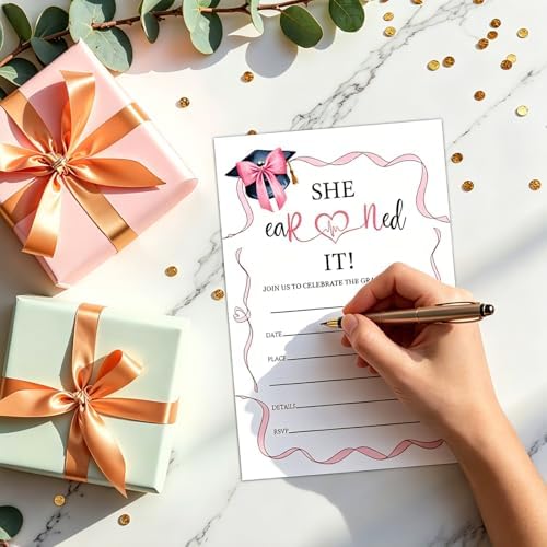 Graduation Invitations 2026 with Envelopes - 20 Pack Class of 2026 Pink bow Graduation Party Invitations, 4x6 Inch Fill-in Graduation Announcements for High School or College - A13
