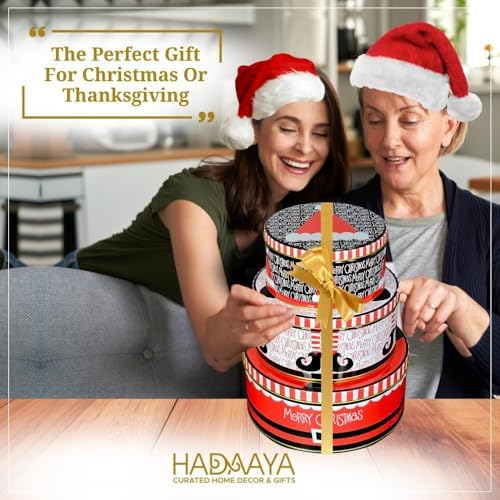 Pack of 9 Round Christmas Cookie Tins With Lids for Gift Giving - Metal Holiday Storage Container, Merry Christmas HAT ELF Design, Perfect for Gifting