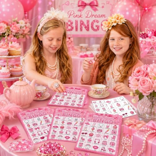 Pink Dream Glitter Bingo Game Cards, 24 Player Party Game for Girls