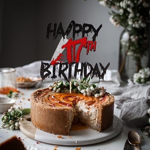 1 PCS Happy 17th Birthday Cake Topper Black Glitter Cheers to 17 Years Horror Blood Knife Have a Killer Birthday Cake Pick for Halloween Killer 17th Birthday Party Cake Decorations Supplies