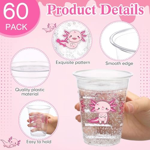 Funnymoom 60 Pack Pink Axolotl Plastic Cups for Birthday Decorations, 12 oz