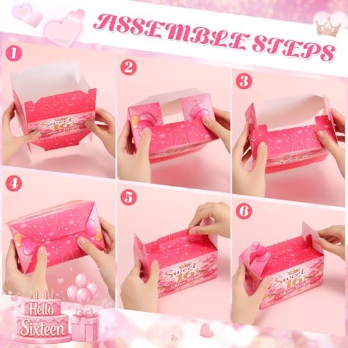 Zhanmai 36 Pack Sweet 16 Party Treat Box Happy 16 Year Old 16th Birthday Goodie Boxes Hello Sixteen Gift Containers with Handles, Decorative Cardboard Goodie Boxes for Cookies Cupcakes Candy