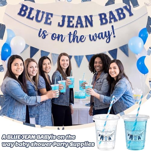 FillTouch 50 Pcs a Blue Jean Baby Is on the Way Cups Bulk Blue Jean Baby Shower Party Decoration Denim Theme Plastic Cups Rustic Cowboy Disposable Tumblers for Birthday Gender Reveal Party Supplies