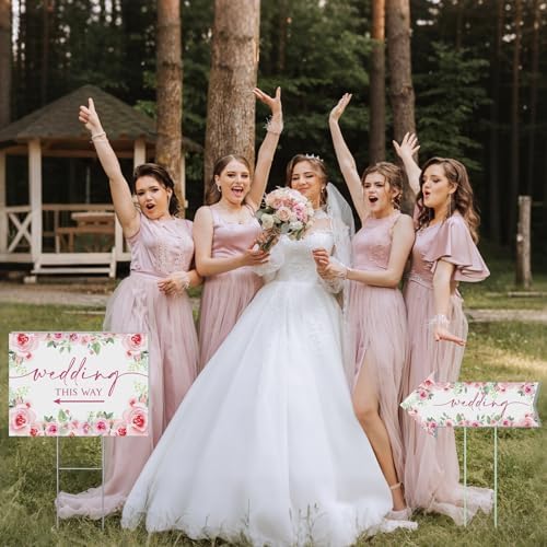 8 Pcs 17 × 8.5" Wedding This Way Directional Parking Signs Road with Stakes Large Double Sided Direction Printed Ceremony Reception Lawn Yard Arrow Sign Exquisite Plastic Rainproof (Pink Rose)