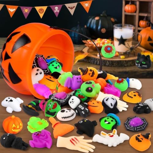 OCATO 50Pcs Halloween Mochi Squishy Toys with Pumpkin Bucket for Kids
