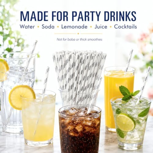 ALINK Silver Foil Striped Paper Straws, 100 Pack Party Straws, 7.75 Inch