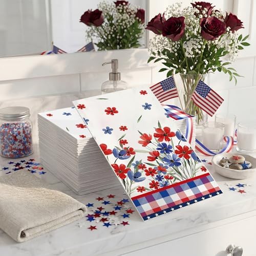 4th of July Disposable Paper Napkins, 100 Pcs Patriotic Napkins for Bathroom, 250th Anniversary Red White Blue Buffalo Plaid Napkins for Independence Day Memorial Day Party Supplies