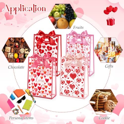 Capoda 24 Pack Gift for Valentine's Day Bags with Handle & Ribbons - Reusable Plastic Heart Favor Bags for Classroom School Party Exchange, Waterproof Goody Treat Totes for Galentine's Wedding Gifts