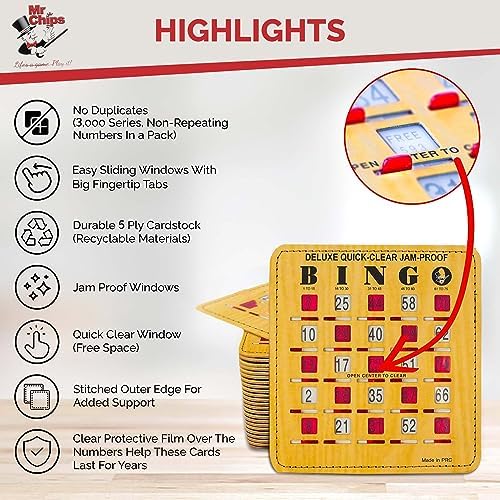 MR CHIPS Jam-Proof Bingo Cards with Sliding Windows, 25 Reusable Shutter Cards, 75 Calling Cards 1 Master Board in Woodgrain Style