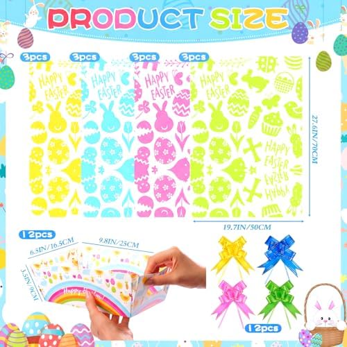 Gueevin 12 Sets Easter Empty Gift Baskets Bulk with Colorful Bunny Cellophane Bags & Ribbon Bows, DIY Basket to Fill for Egg, Candy, Treats, Birthday Party, 9.8 x 6.5 x 3.5 Inch