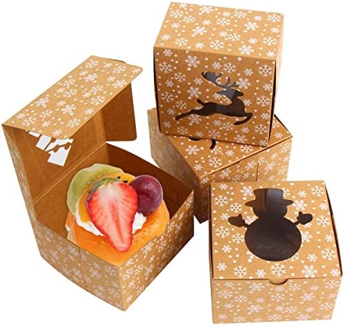 DERAYEE 24Pcs Christmas Cookie Boxes with Window, Holiday Bakery Gift Boxes Small kraft Boxes for Packaging Cupcakes, Candy, Goodies