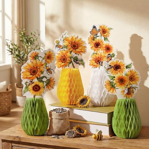 AmazingSpark 9 Pcs Sunflower Honeycomb Table Decorations Summer Centerpieces for Table Baby Shower Birthday Party Decor Yellow Honeycomb Centerpieces for Home Office