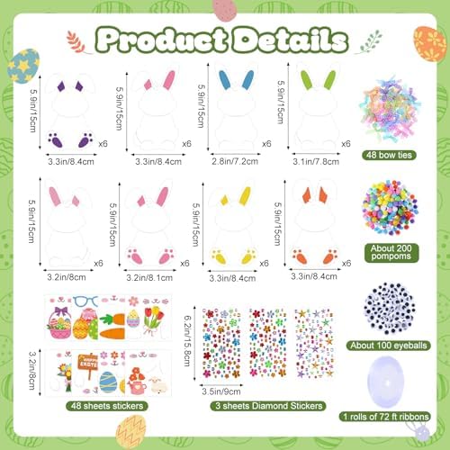 Funrous 48 Sets Crafts Kit Paper Crafts DIY Make Your Own Hanging Ornaments with Pompoms Diamond Stickers for Holiday Classroom Activities Party Favors, Easter Bunny