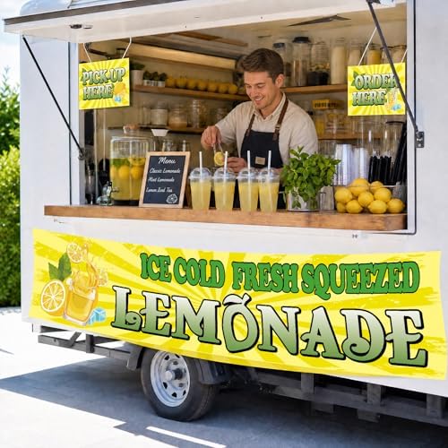 Fresh Lemonade Banner, Ice Cold Fresh Squeezed Lemonade Stand Banner, Summer Banner Order Here Pick up Here Signs for Indoor Outdoor Restaurant Truck Decorations