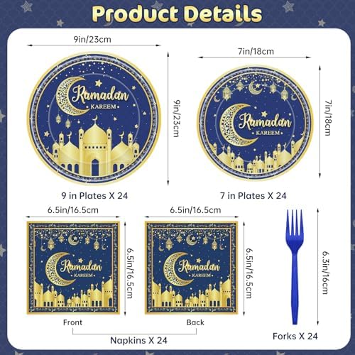 96 Pcs Ramadan Plates and Napkins Forks Sets - Blue Gold Eid Mubarak Themed Round Tableware, Disposable KAREEM Paper Plates Napkins Kit for Ramadan Party Supplies Favors Table Decorations, Serves 24