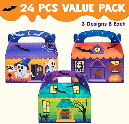 JOYIN 24 PCS Halloween Treat Boxes Cookie Boxes, House Cardboard for Treat Candy Bags Cookies Goodie Bags (5.6"x5.6"x3.2") Trick or Treat for Kids Children Halloween Party Favor Supplies