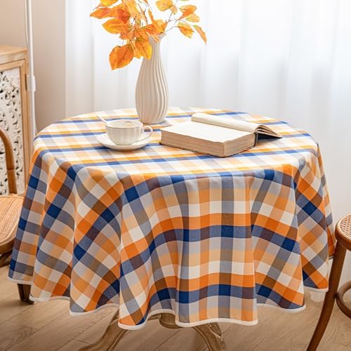 Fall Plaid Waterproof Tablecloth – Orange, Blue & White Check Pattern – Thanksgiving Harvest Table Cover, Stain-Resistant & Durable, 60" Round
