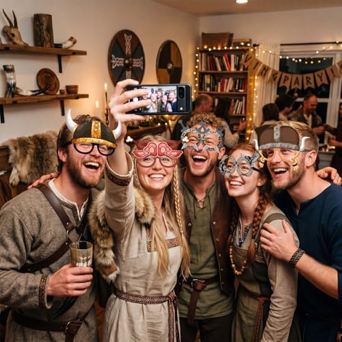 32 Pcs Viking Theme Party Favor Paper Glasses, 16 Unique Designs Nordic Mask Viking Ship Helmet Photo Booth Props for Halloween Birthday Party Classroom Rewards Goodie Bag Fillers