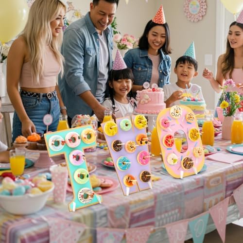 Lallisa 3 Pack Sweet Two Donut Stands, Wooden Doughnut Display Stand with Bases and Pegs, Donut Holder for Dessert Table, 2nd Birthday Decorations, Sweet Two Theme Party Decor for Kids