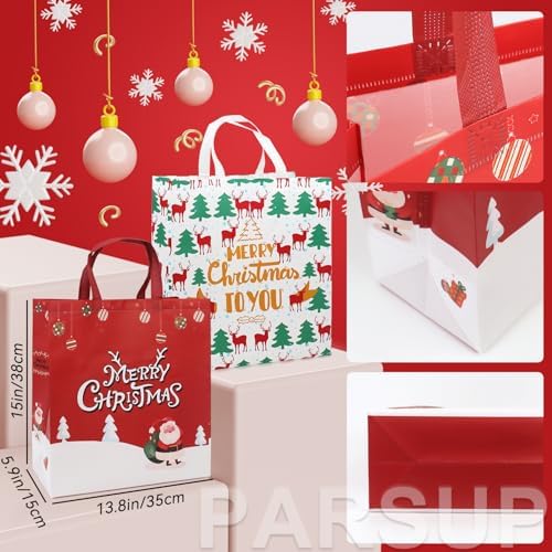 PARSUP 16PCS Christmas Gift Bags with Handles, Assorted Sizes Tote for Treat, Non-Woven Christmas Bags for Gift Wrapping, Xmas Party Supplies