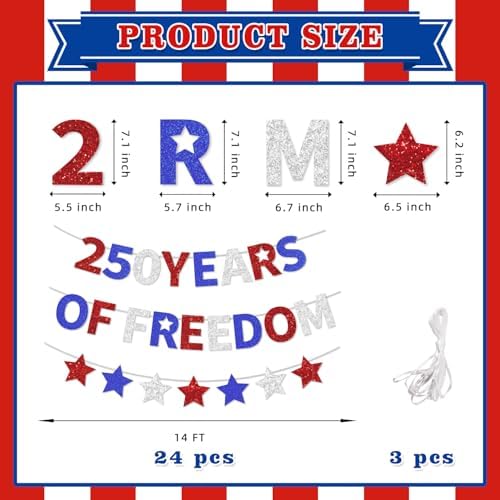 4th of July Decorations - USA 250th Anniversary - Independence Day Glitter Banner Set, 250 Years of Freedom Patriotic Party Supplies, Banners for 2026 Celebration