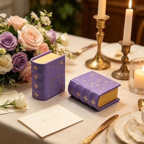 Book Shaped Ring Box - Vintage Engagement Ring Box with Hinged Lid for Proposal Engagement Wedding, Proposal Ring Case -PRB026-Purple