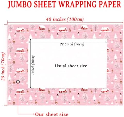 Cuitpan Pink Christmas Wrapping Paper - Xmas Gift Wrap with Snowy Houses, Reindeer, Snowmen & Trees Design - Perfect for Kids & Adults Gift Wrapping - 40×28 Inches, 4 Folded Sheets