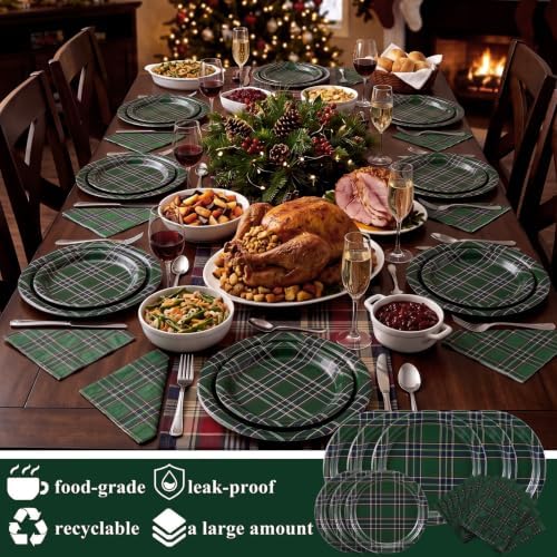 Yungyan 150 Pcs Dark Green Tartan Plates Napkins Dark Green Serves 50