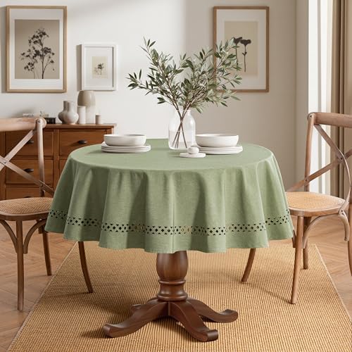 MIULEE Sage Green 60 Inch Round Linen Tablecloth with Decorative Cutouts