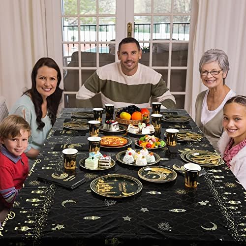 Ramadan Party Supplies Decorations for Home Serve 25, Eid Mubarak Ramadan Black and Gold Plates and Napkins Set, Disposable Paper Plates Napkins Cups Knives Spoons Forks for Ramadan Party Decorations